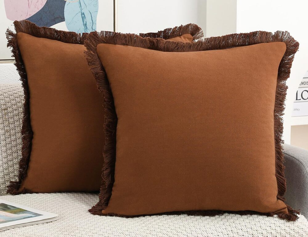 6315 Set of 2 Natural Linen Fringed Throw Pillow Covers,Light Brown Neutral